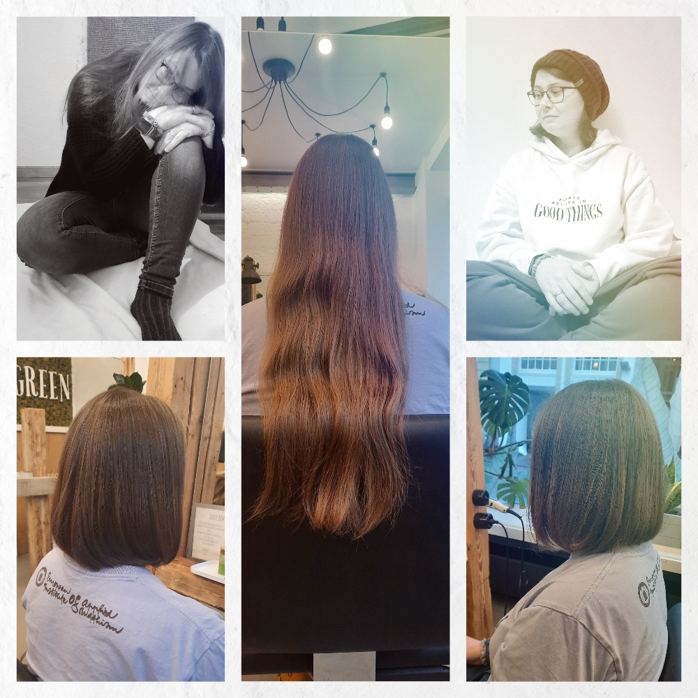 Collage mit 5 Bildern: auf allen 5 Bildern ist die gleiche Frau mit unterschiedlicher Haarlänge zu sehen