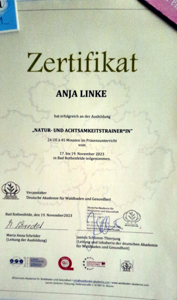 Foto eines Zertifikats zum Natur- und Achtsamkeitstrainer*in