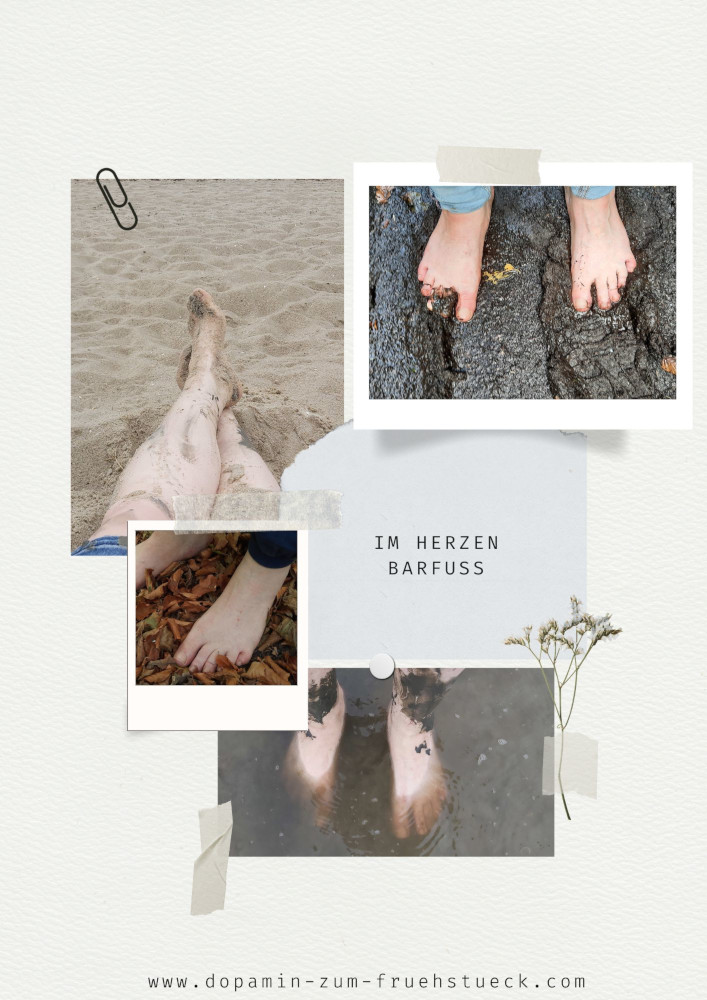 Eine Collage bestehend aus vier Bildern- jedes einzelne Bild zeigt nackte Füße. Mal am Strand, mal im Wasser, auf Laub und in aufgeweichter, nasser Erde